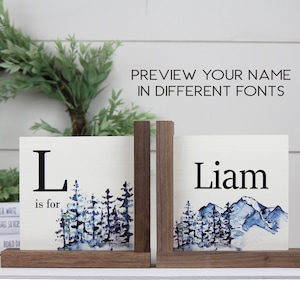Personalized Mountain Childrens Wooden Bookend, Baby Shower Book Theme Keepsake, Explorer Theme Nursery Bookshelf Decor