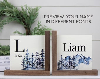 Personalized Mountain Childrens Wooden Bookend, Baby Shower Book Theme Keepsake, Explorer Theme Nursery Bookshelf Decor