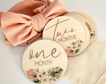 Orchid Baby Milestone Cards, Wooden Personalized Newborn Photography Prop, Birth Announcement, Boho Baby Shower Gift