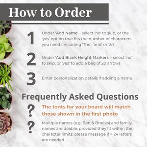 May include: How to order a personalized board with instructions on adding a name, height markers, and personalization details. Frequently asked questions about fonts and multiple names.