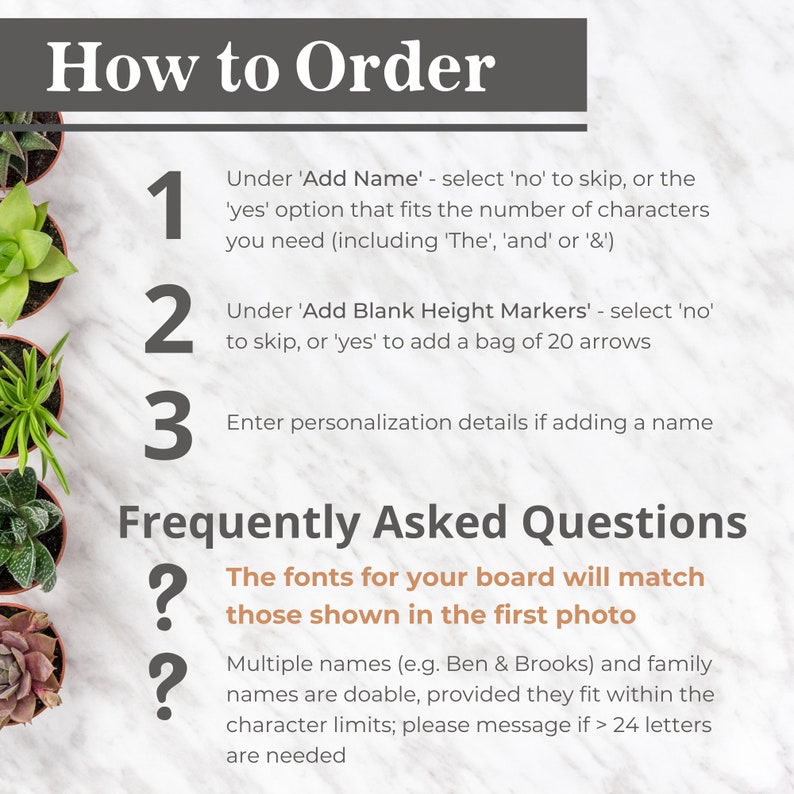 May include: How to order a personalized board with instructions on adding a name, height markers, and personalization details. Frequently asked questions about fonts and multiple names.