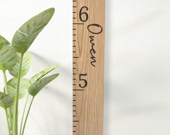 White Oak Growth Chart Ruler 3D, Wooden Measuring Stick for Kids, Giant Wall Ruler, Height Board with Black Numbers & Notches with Script