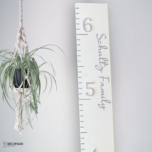 May include: White wooden growth chart with a gray ruler and the text "Schultz Family" in gray script. The chart is hanging on a wall with a hanging plant in front of it.