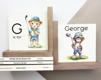 Golfing Children's Wooden Bookend, Personalized Golf Nursery Bookshelf Decor, Cute Animal Golfers, Kids Room Book Ends