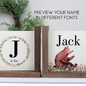 Personalized Childrens Wooden Bookend, Baby Shower Book Theme Keepsake, Woodland Bear Nursery Bookshelf Decor
