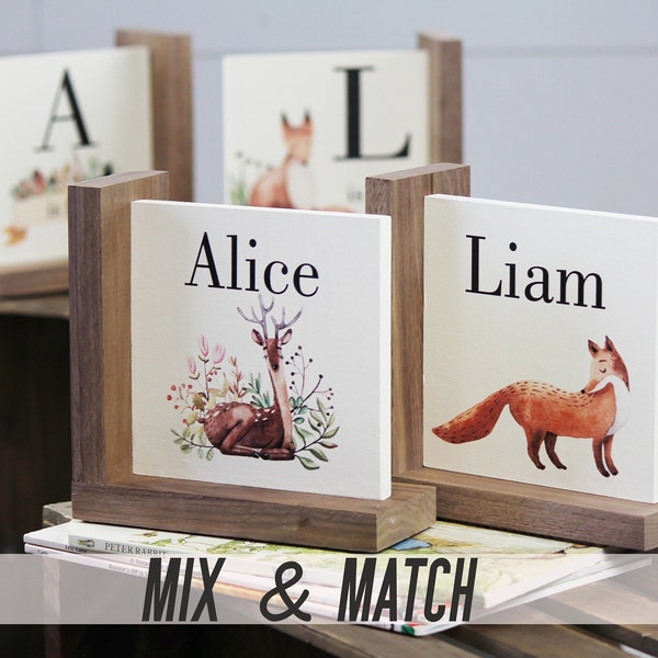 Childrens Woodland Bookend, Personalized Baby Shower Book Theme Keepsake, Nursery Bookshelf Decor, Mix & Match with Deer, Bear, Fox