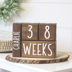 Aspen style baby milestone blocks in walnut by Birchmark Designs