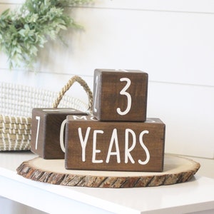 Aspen style baby milestone blocks in walnut by Birchmark Designs