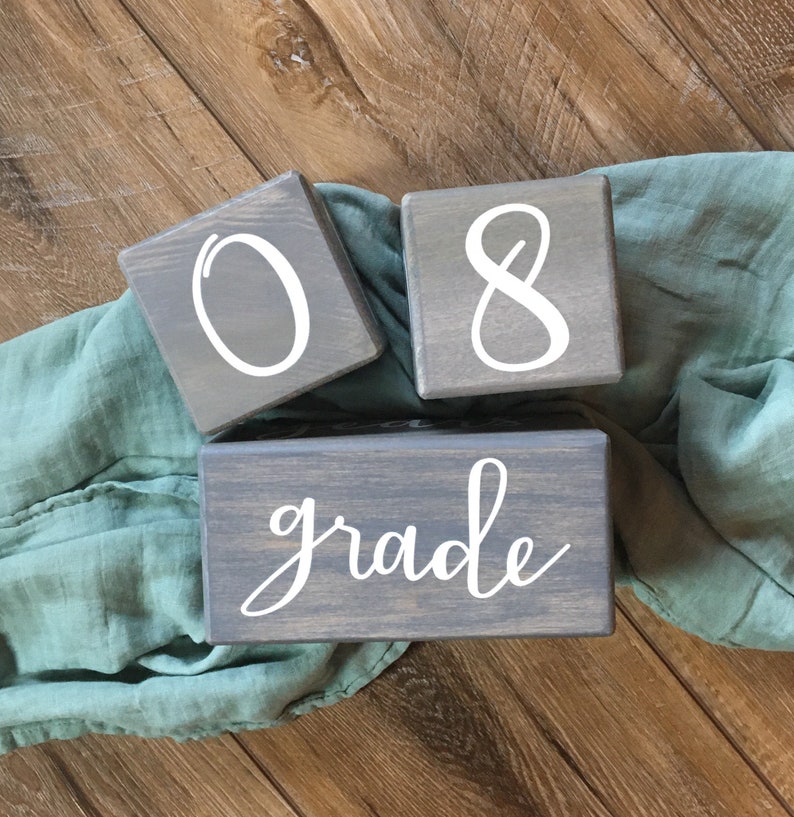 Milestone blocks by Birchmark Designs in Willow script font showing grade 8