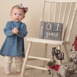 Milestone blocks by Birchmark Designs in Willow script font with a one year old baby