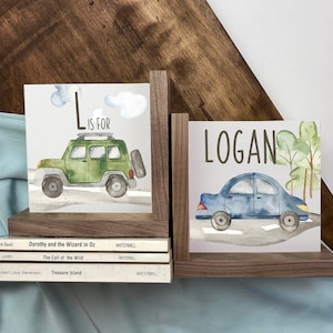 Car Themed Nursery Bookends, Personalized Childrens Wooden Bookshelf Decor, Baby Shower Book Theme Keepsake