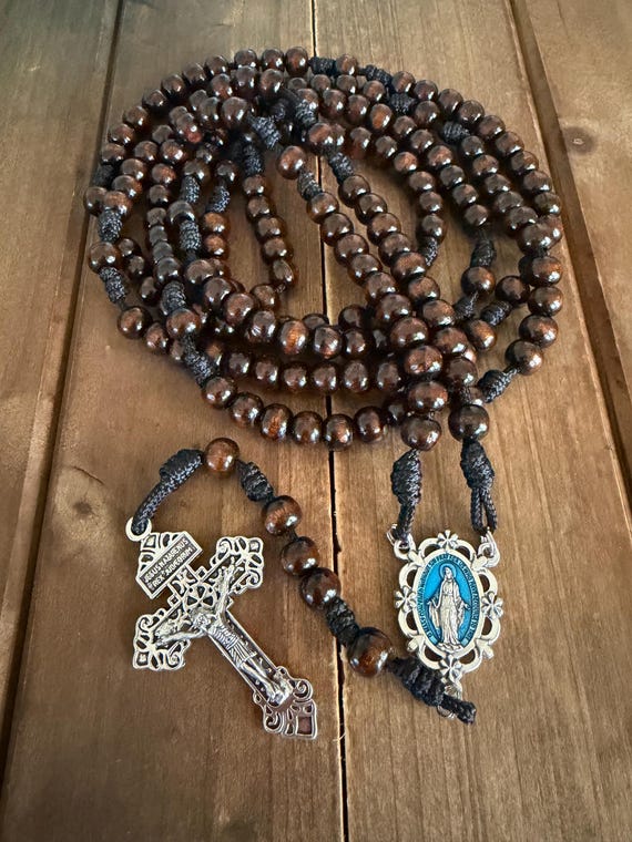 15 or 20 decade Catholic Rosary, wooden beads Rosary, Blue Miraculos Medal, Handmade