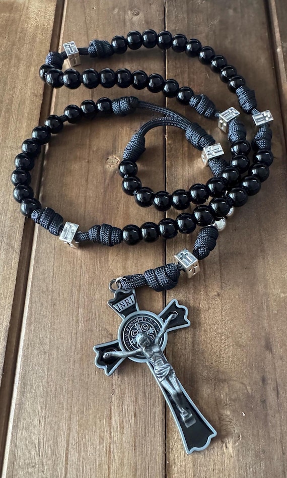 St. Benedict Black Rosary, Durable paracord Rosary,  Large Crucifix | Handmade
