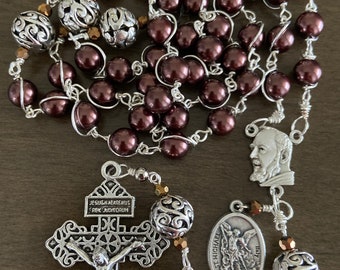 St. Padre Pio Rosary, Brown Glass Beads, St. Michael Medal