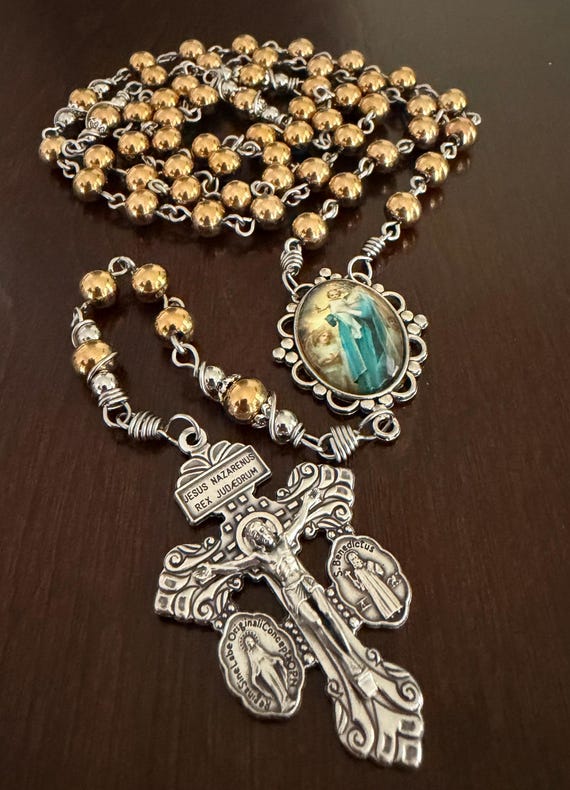 Madonna and Child Unbreakable Rosary – Gold Stainless Steel Handmade Catholic Beads