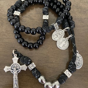 Paracord Catholic Rosary, St Benedict, St Cristopher, St Michael medals  Rosary,  stainless steel beads  Durable Rosary | Handmade