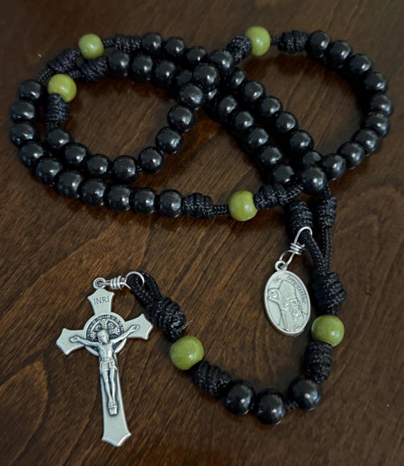 St. Augustine Wood Rosary | Black Olive Green Beads, Paracord, St Benedict Crucifix