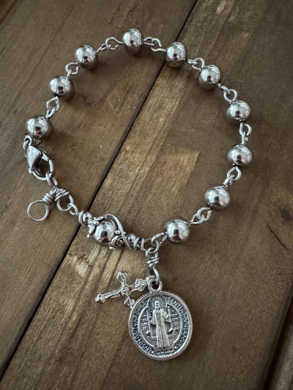 Handmade St. Benedict Rosary Bracelet: Stainless Steel Beads