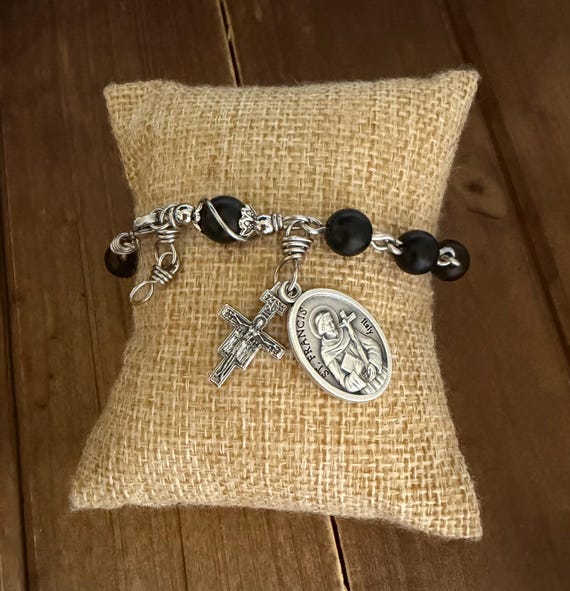 Handmade St. Francis of Assis Rosary Bracelet, Onyx Black Matte beads , Men Women Rosary Bracelet,