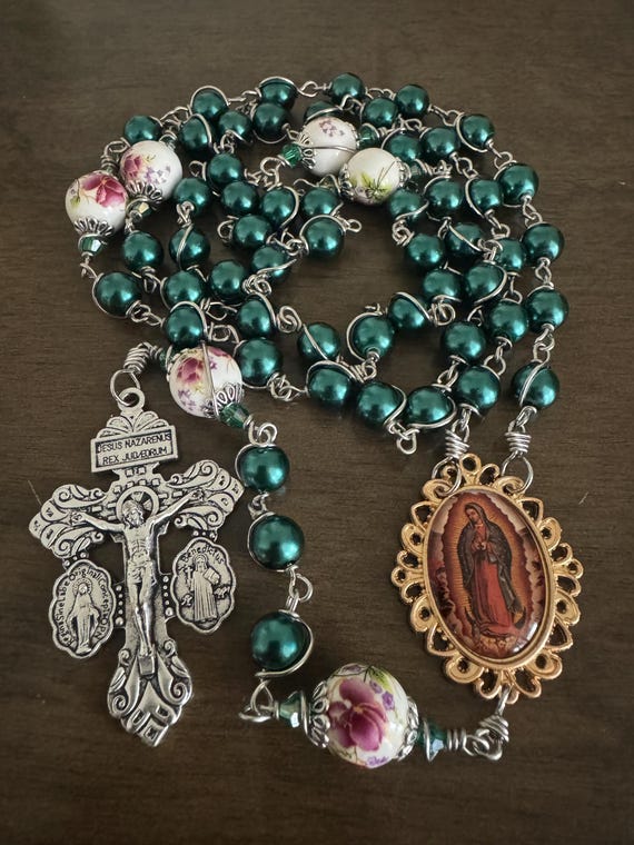 Our Lady of Guadalupe Catholic Rosary, Wire wrapped beads Rosary, handmade