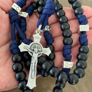Catholic Paracord Rosary, Black Matte beads, St. Benedict crucifix | Handmade