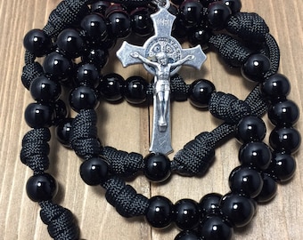 Handmade St. Benedict Rosary, Black Paracord, Resin Beads