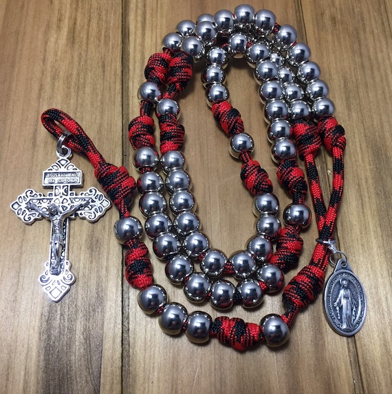 Miraculous Medal Catholic Rosary, Silver beads Rosary, Durable paracord Rosary | Handmade