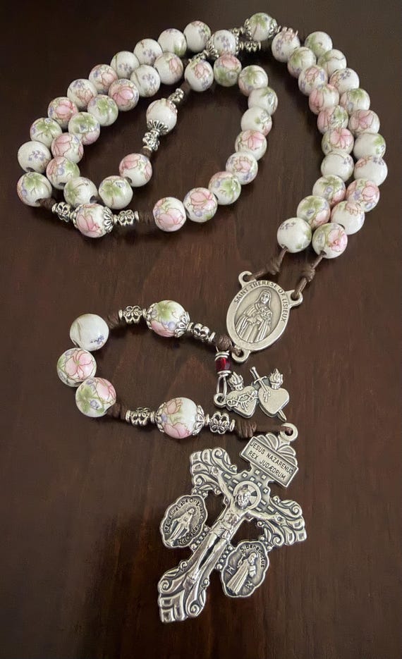 St. Therese of Lisieux Rosary, Sacred Hearts of Jesus/Mary Rosary, Ceramic beads rosary - handmade