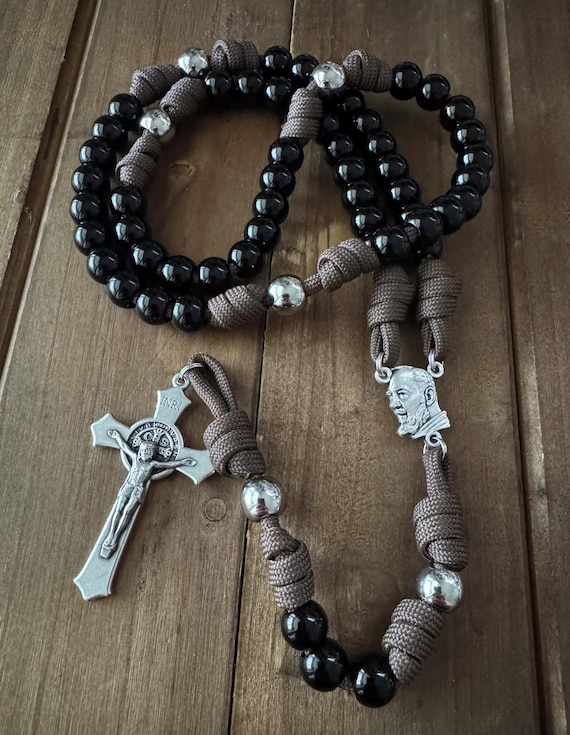 St. Padre Pio Paracord Rosary, St. Benedict Crucifix, Black Beads