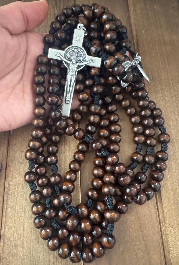 The Hermit Wooden Rosary, 15, or 20 decade Catholic Rosary, wooden beads Rosary, Three St. medals | Handmade