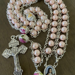 St. Therese catholic Rosary, Ladder Rosary, pink beads Rosary — handmade
