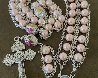 St. Therese catholic Rosary, Ladder Rosary, pink beads Rosary — handmade