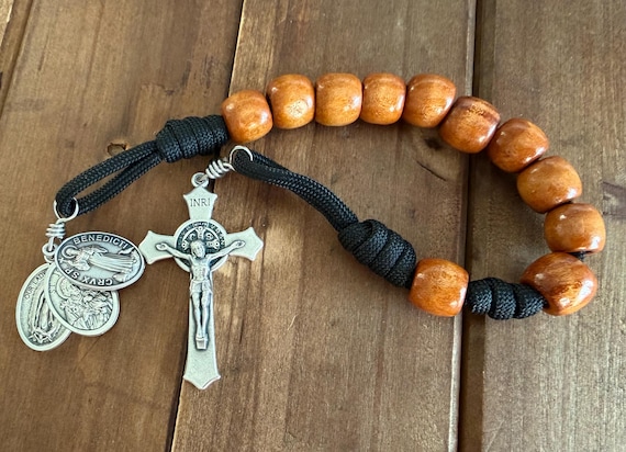 Handmade Catholic Rosary: St. Benedict, St. Joseph, Our Lady of Guadalupe, Large Wooden Beads