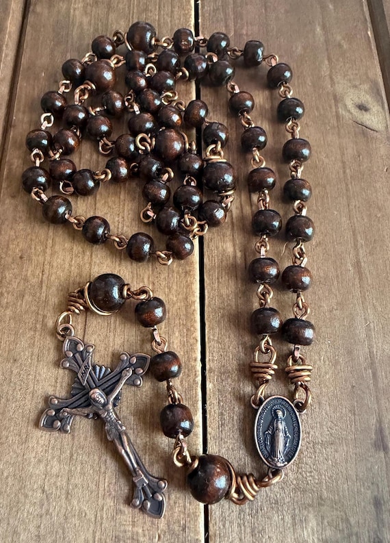 Wooden Beads Catholic Rosary, Copper Crucifix, Copper wire, Handmade