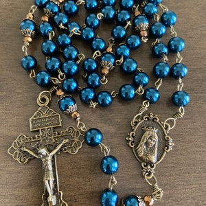 Immaculate Heart Of Mary Rosary, unbreakable Catholic Rosary- blue beads rosary - handmade