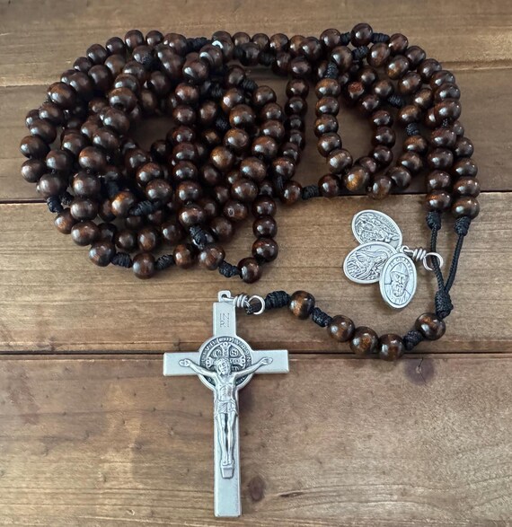 The Hermit Wooden Rosary, 15, or 20 decade Catholic Rosary, wooden beads Rosary, Three St. medals | Handmade