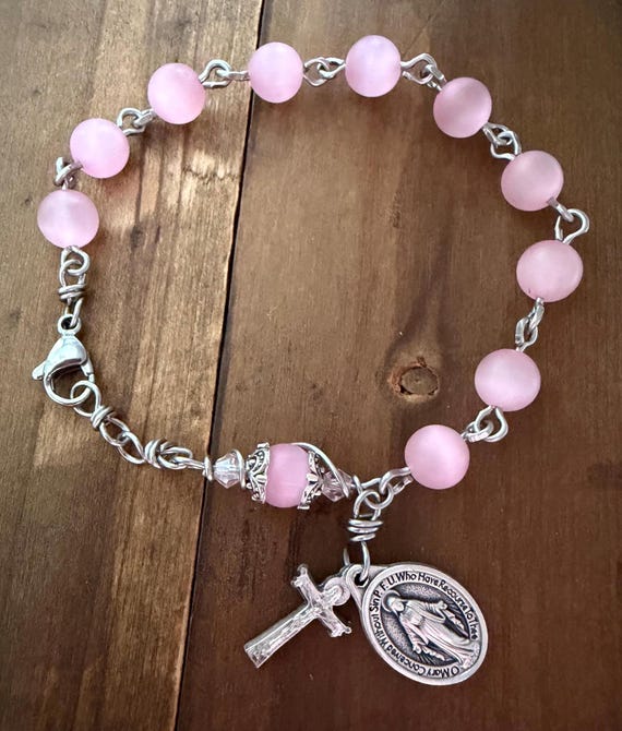 Pink glass Rosary Bracelet, miraculous Medal, Stainless Steel Clasp and Wire