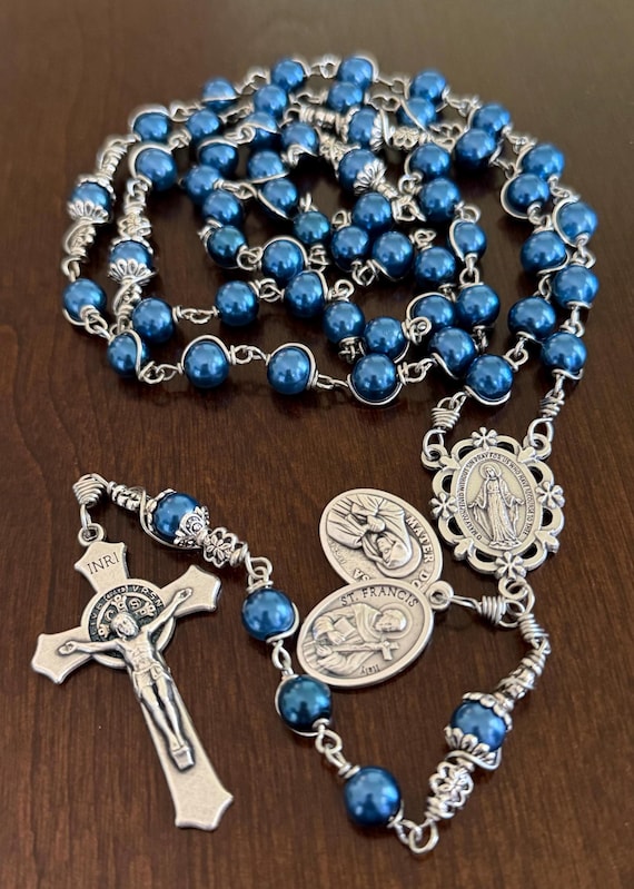 Handmade Blue Beads  Rosary: Miraculous Medal, St. Francis Medal | Mater Dolorosa Medal | Unbreakable Rosary