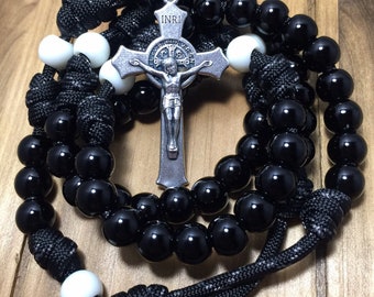Handmade St. Benedict Rosary, Black Acrylic Beads, Paracord