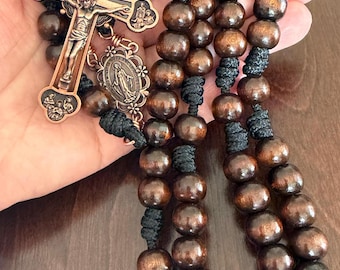 Rosario de cuentas de madera grandes hecho a mano / Crucifijo de cobre de los 12 apóstoles / Medalla milagrosa de cobre