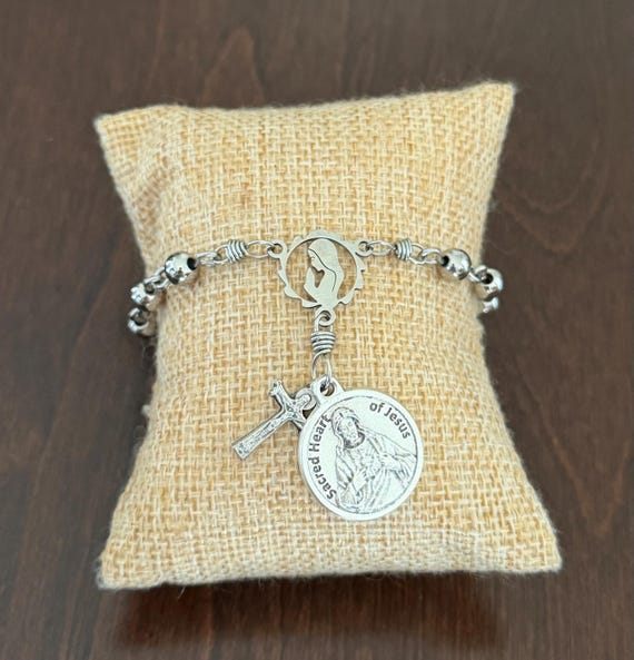 Handmade Stainless Steel Rosary Bracelet, Sacred Heart of Jesus Bracelet