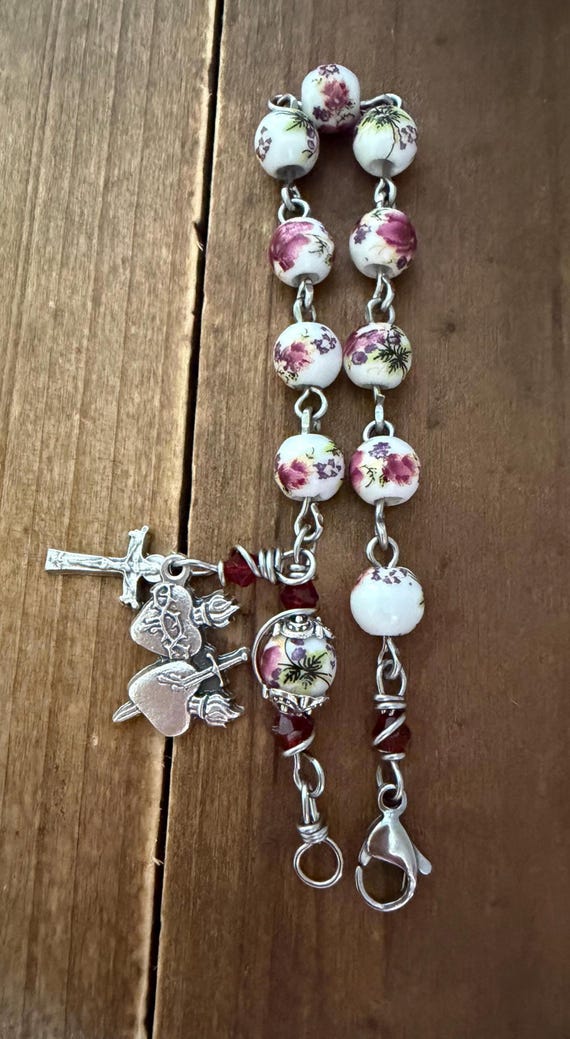 Floral Ceramic Rosary Bracelet, Sacred Hearts Jesus Mary Medal, Stainless Steel Clasp
