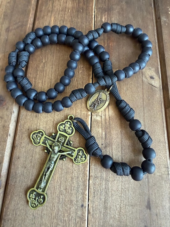 St. Michael Black Matte beads Rosary, 12 Apostles crucifix | Handmade