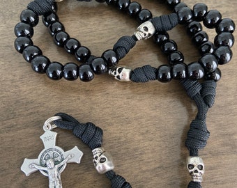 Momento Mori Rosary, St Benedict Crucifix, Skull Beads, Paracord Rosary