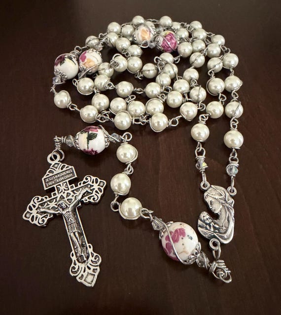 Handmade White Pearls Rosary:  Our Lady and Child Jesus Rosary, Ceramic Beads Rosary