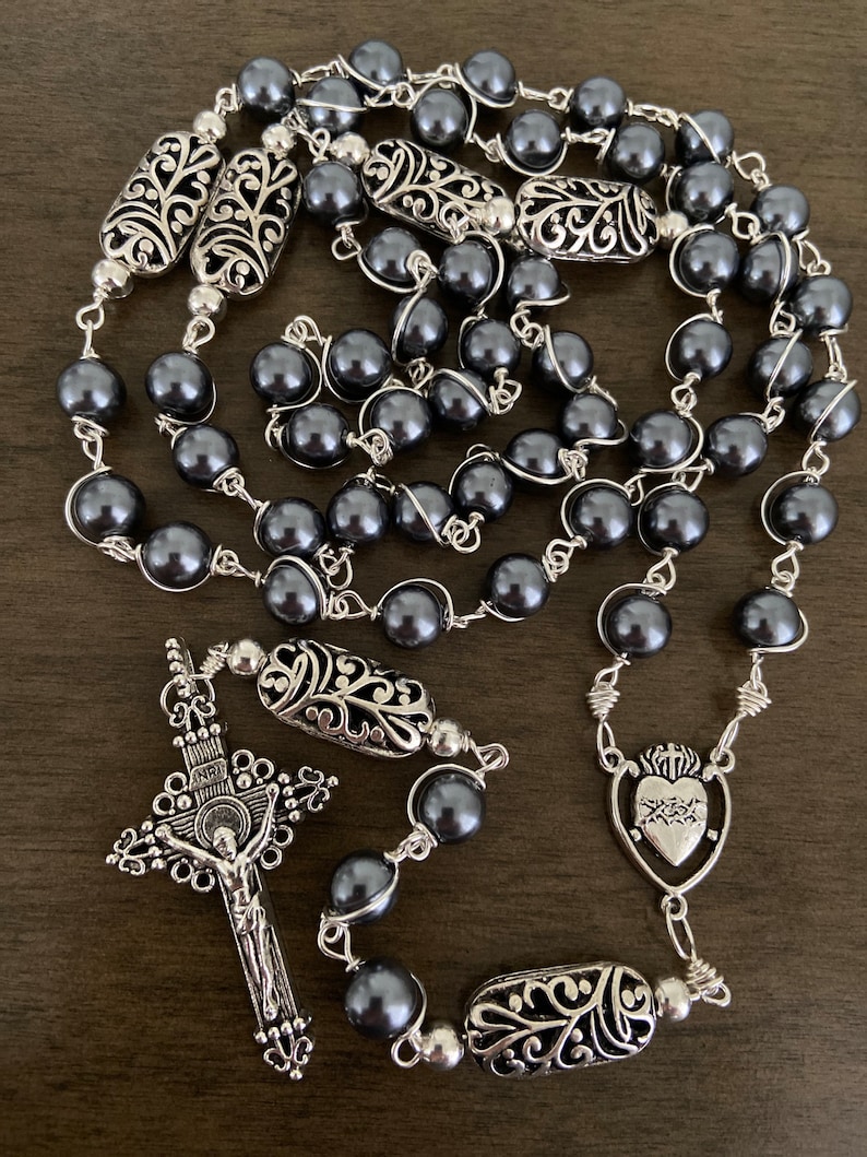 Sacred Heart of Jesus Catholic Rosary, Gray Beads Rosary - Handmade - Etsy