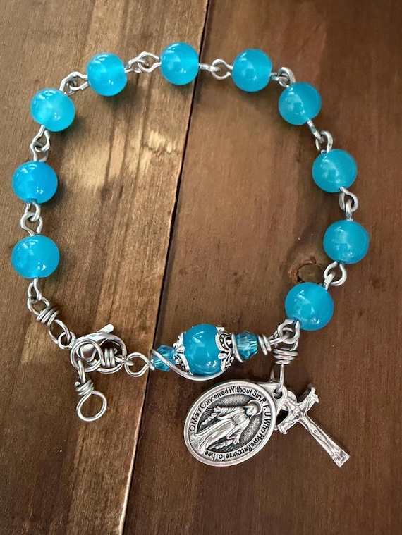 Handmade Rosary Bracelet: Blue Glass beads Bracelet, Miraculous Medal, Stainless Steel Clasp and Wire