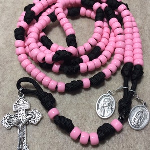 15 or 20 Decade Catholic Rosary ~ St. Teresa of Calcutta/Guadalupe medals, pink beads Rosary ~ Durable paracord Rosary | Handmade