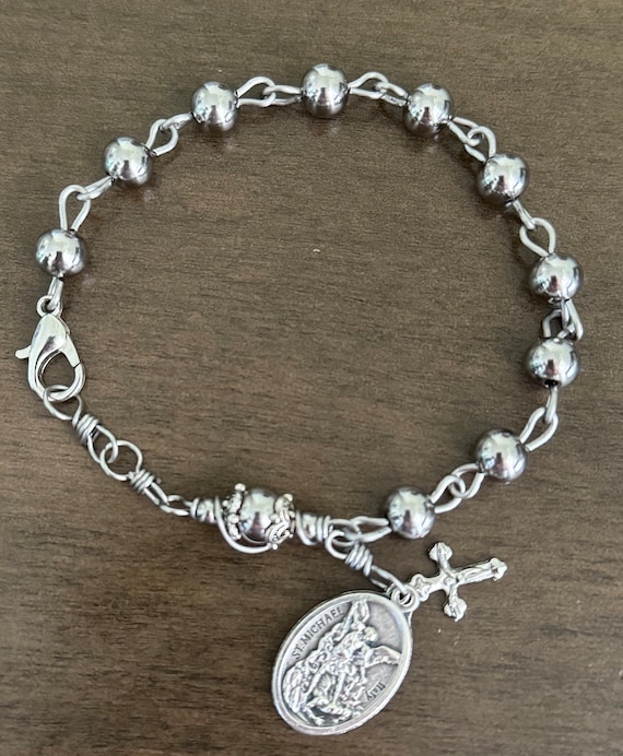 Rosary Bracelet, St. Michael Medal, Stainless Steel beads Men/Women Rosary Bracelet, Handmade