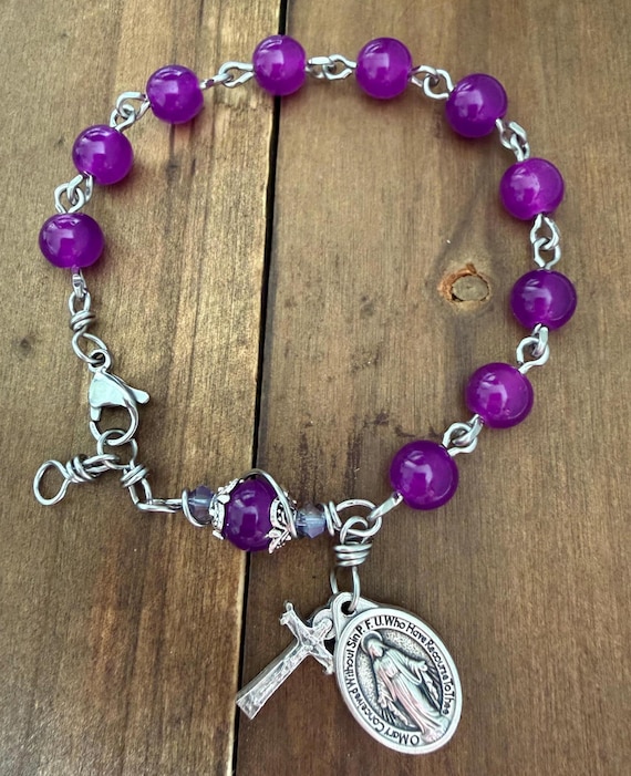 Handmade Rosary Bracelet: Purple Glass beads Bracelet, Miraculous Medal, Stainless Steel Clasp and Wire